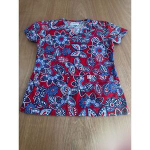 Peaches Uniforms Womens Medical Scrub Top Small Red Blue Floral V-Neck Pockets